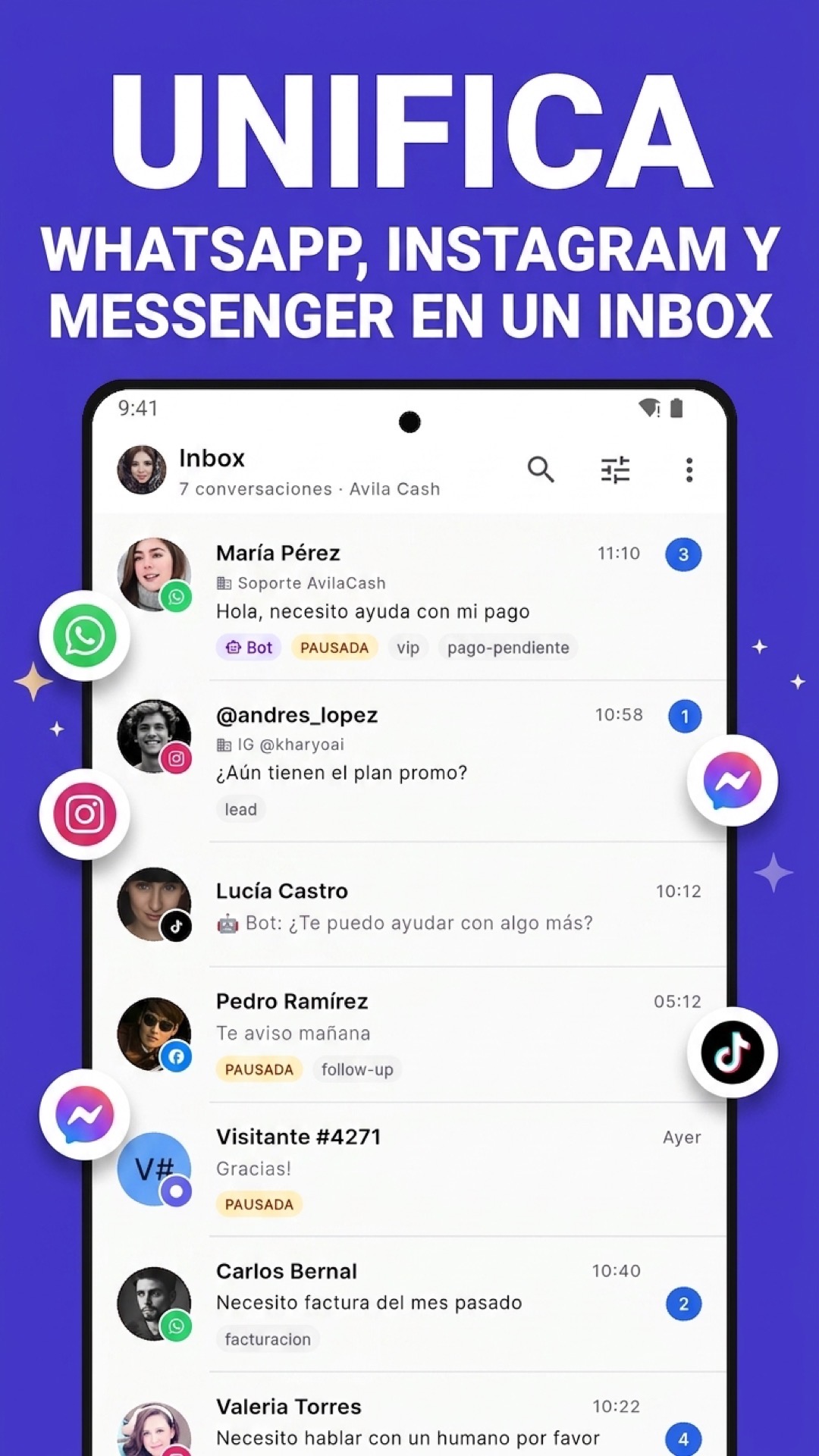 Bandeja unificada con WhatsApp, Instagram y Messenger