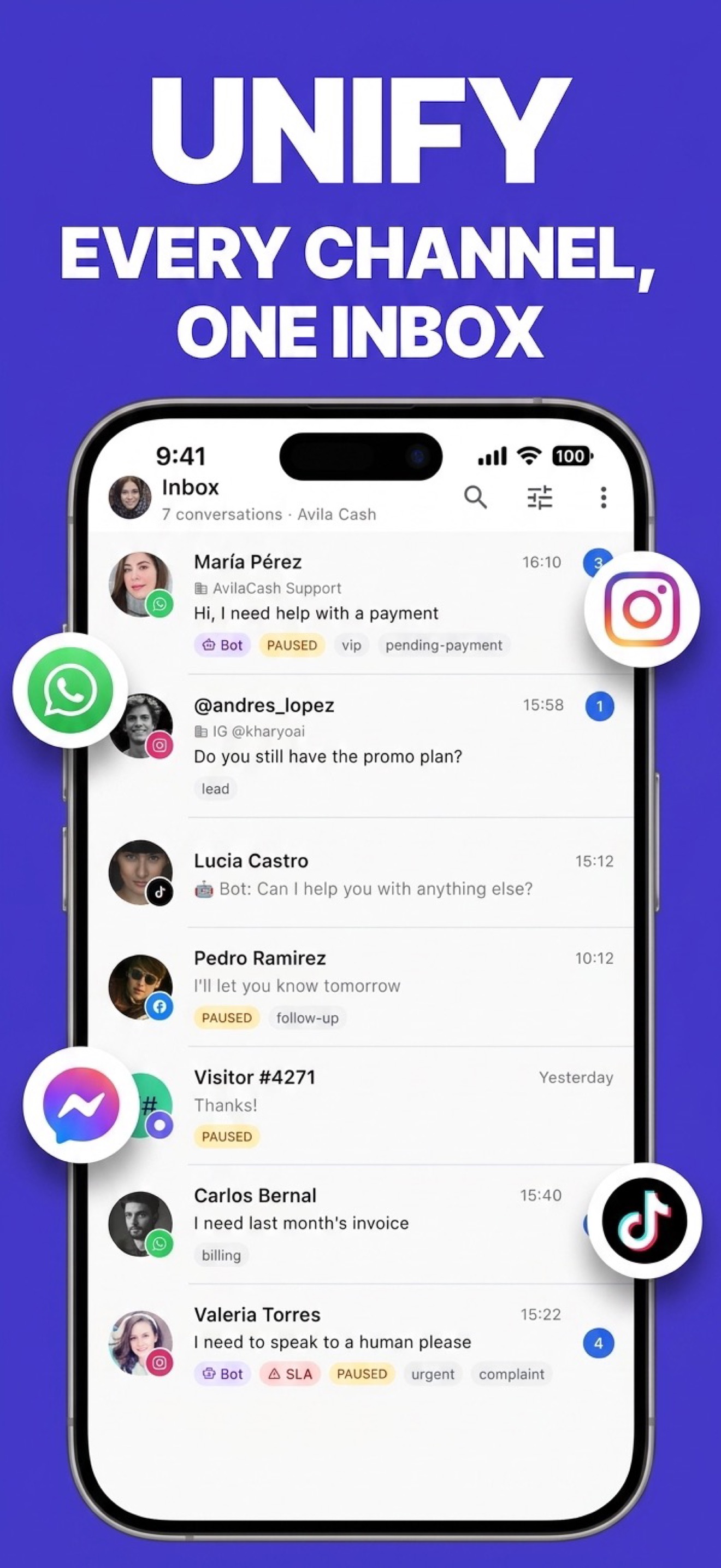 WhatsApp, Instagram and Messenger in one inbox