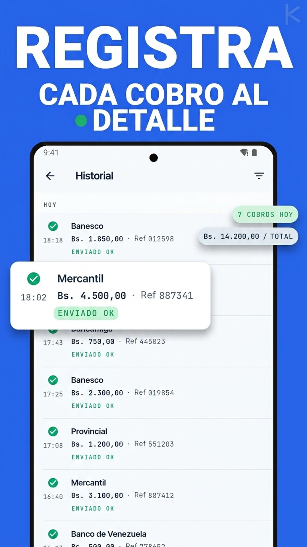 Historial detallado de cobros bancarios